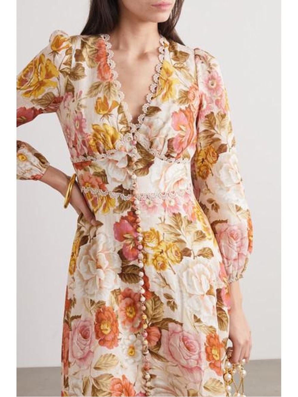100% Linen Floral Lace-Trim Jumpsuit in Cream, Pink & Gold